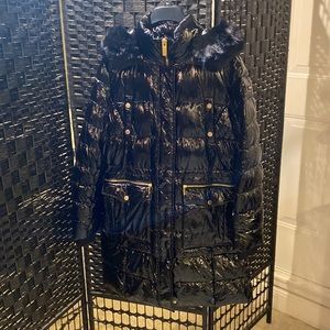 Donna Karan New York Black Shiny Puffer Jacket with Faux Fur Hood